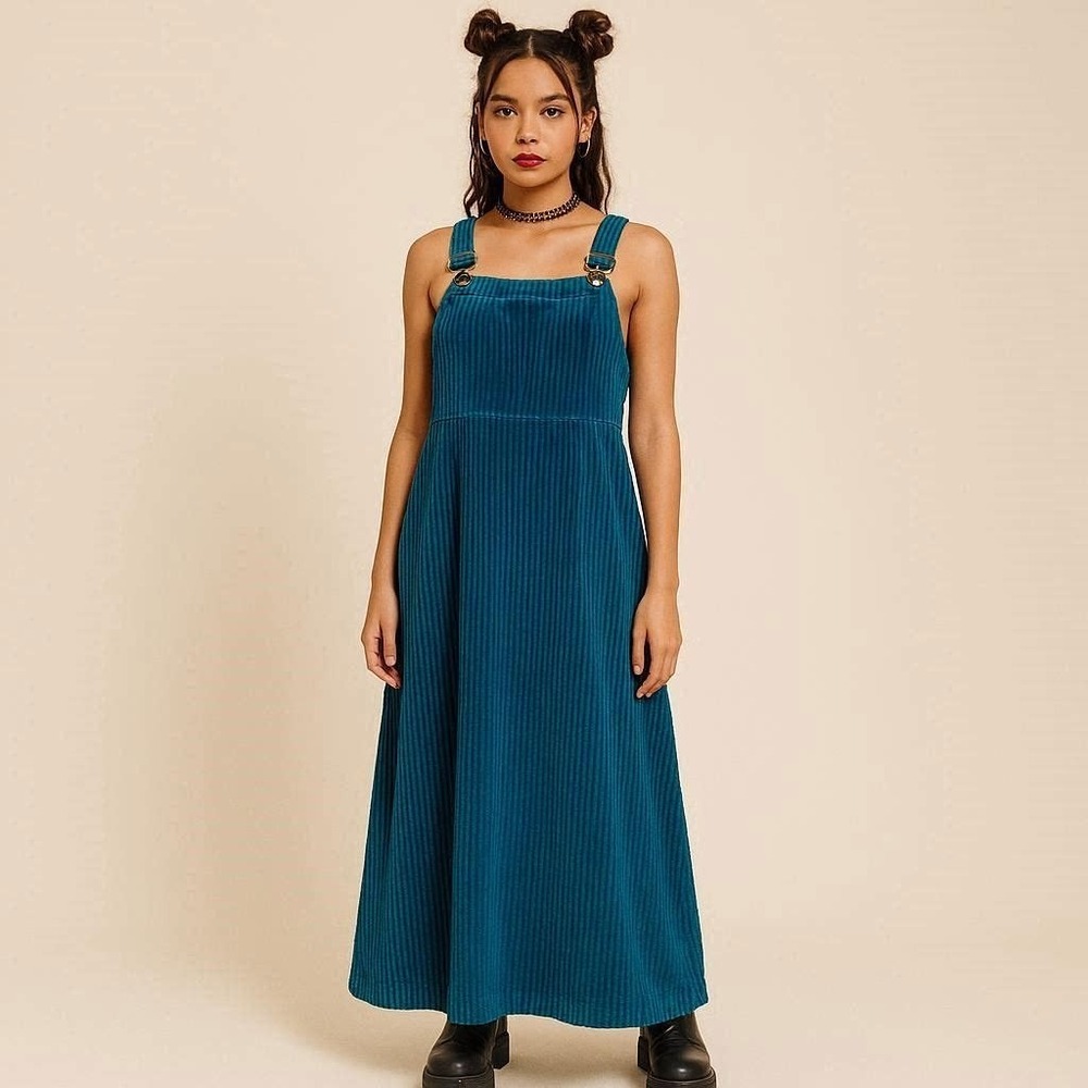 Vintage Y2K 90s Overall Bib Dress Womens Corduroy 100% Cotton Teal Pinafore 18W